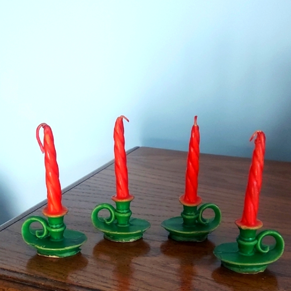 * Gurley 1940s Candle Finger Holders with Twisted Red Candles, Vintage